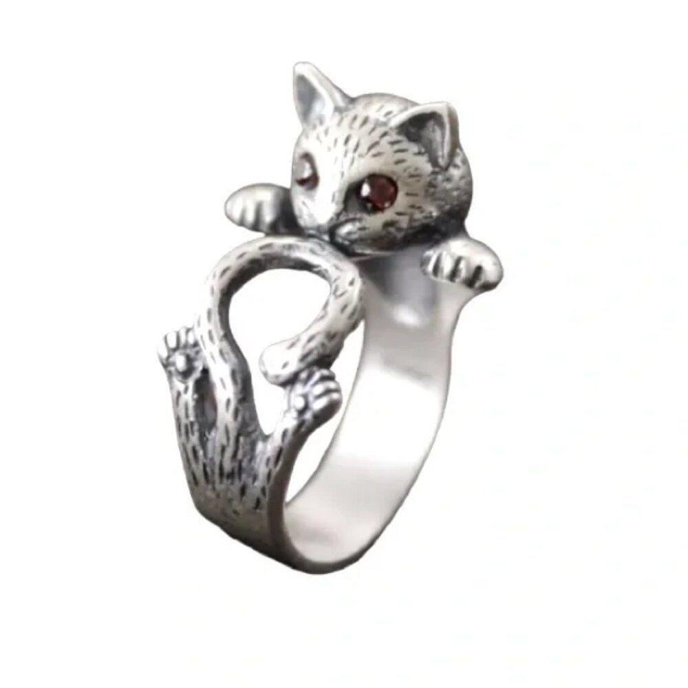 925 Silver Cat Wrap Ring with Red Eyes - Women's Jewelry